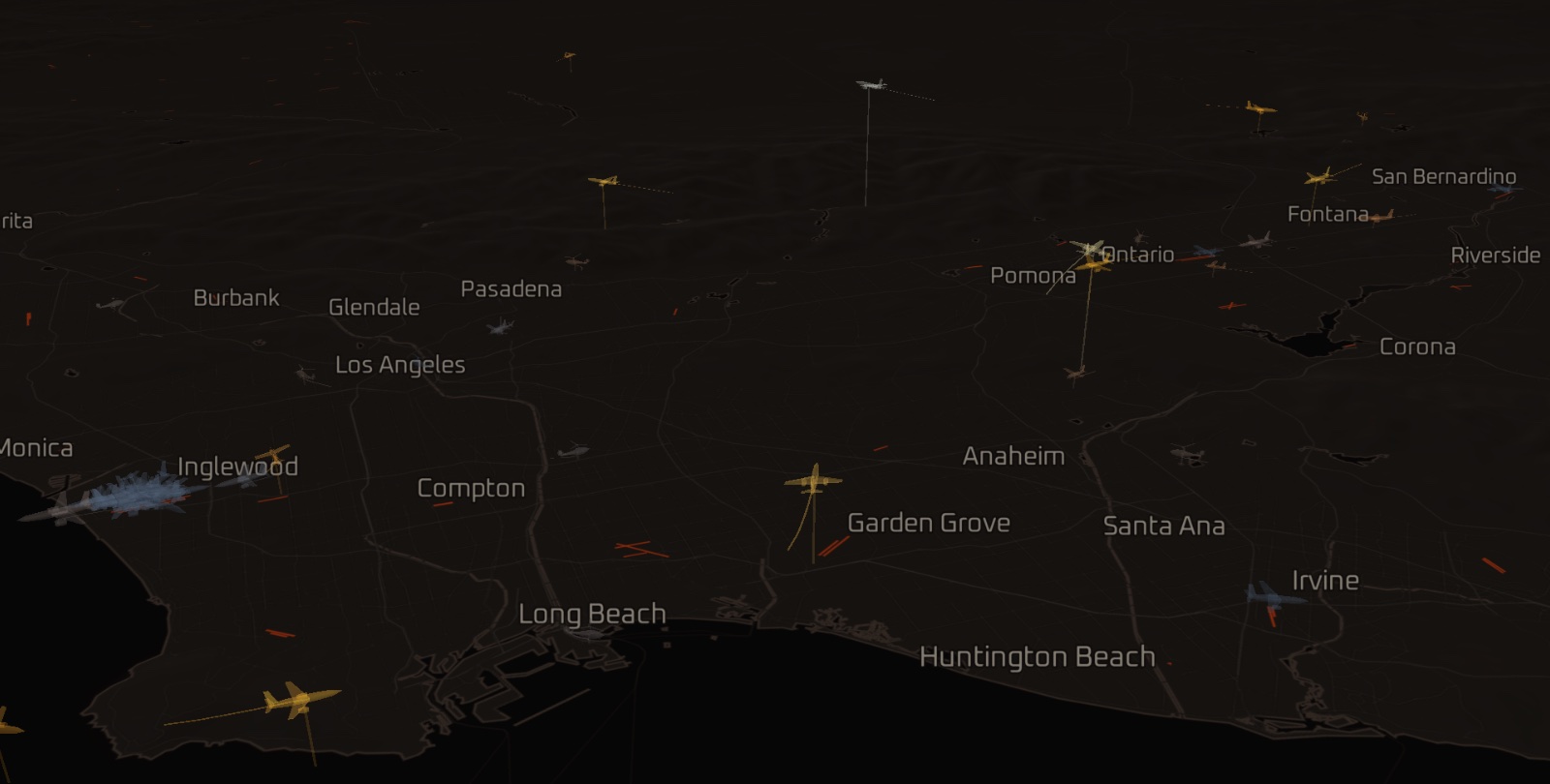 The Los Angeles basin from the south-west at dusk, pitched, with aircraft drawn at altitude and tethered to the ground